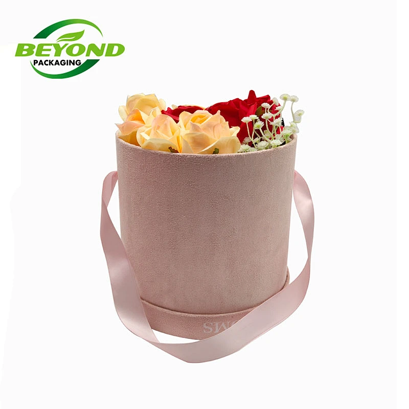 Fashion Attractive Design Round Pink Velvet Flower Box With Gold Stamping Velvet Boxes For Christmas Gift
