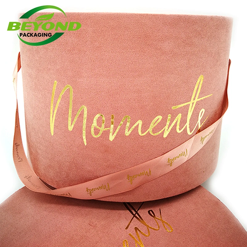 Custom Gold Stamping Logo/Size  Made Pink Round Suede Flower Box With Hat Velvet Florsit Rose Box With Handle Ribbon