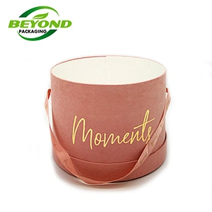 Custom Gold Stamping Logo/Size  Made Pink Round Suede Flower Box With Hat Velvet Florsit Rose Box With Handle Ribbon