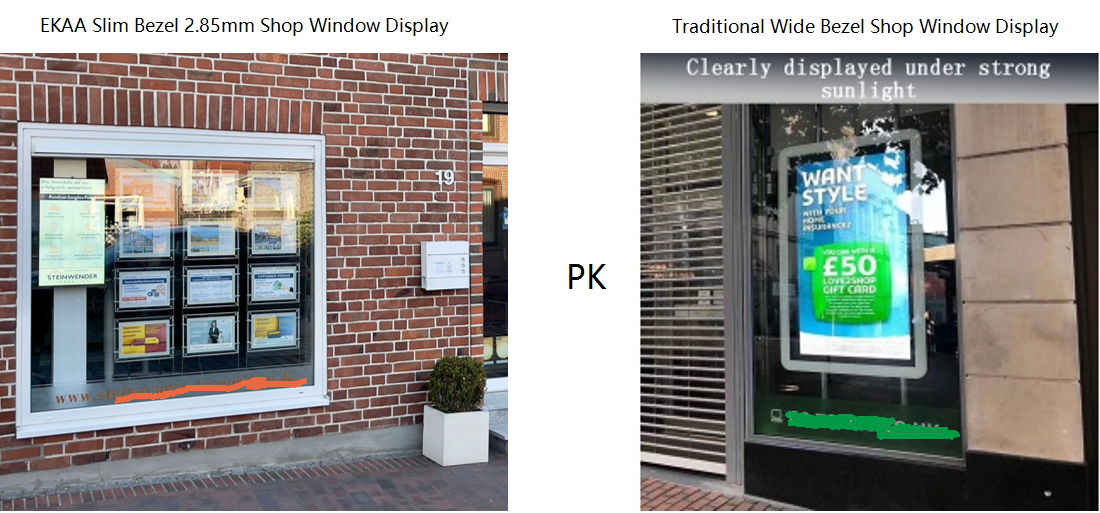 EKAA slim bezel 2.85mm Shop window display VS traditional wide bezel shop window displays