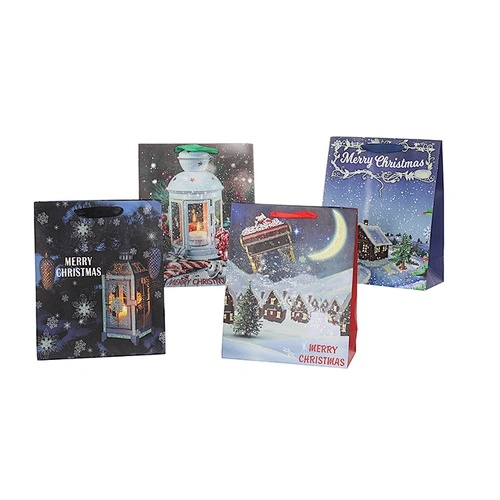 Christmas paper bags, gift paper package with glitter ribbon