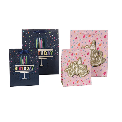 3D happy birthday gift paper bags glitter one side