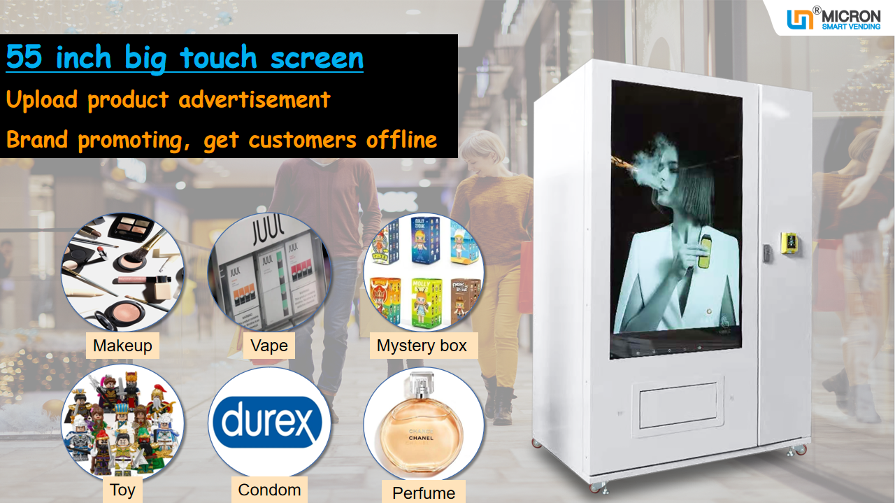 qr code vending machine, big touch screen vending machine, cigarette vending machine, snack and drink vending machine