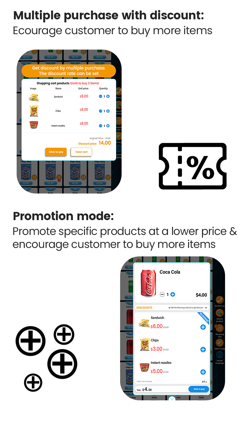 Three-in-One Big Capacity Combo Snack Vending Machine multiple purchase with discount promotion mode
