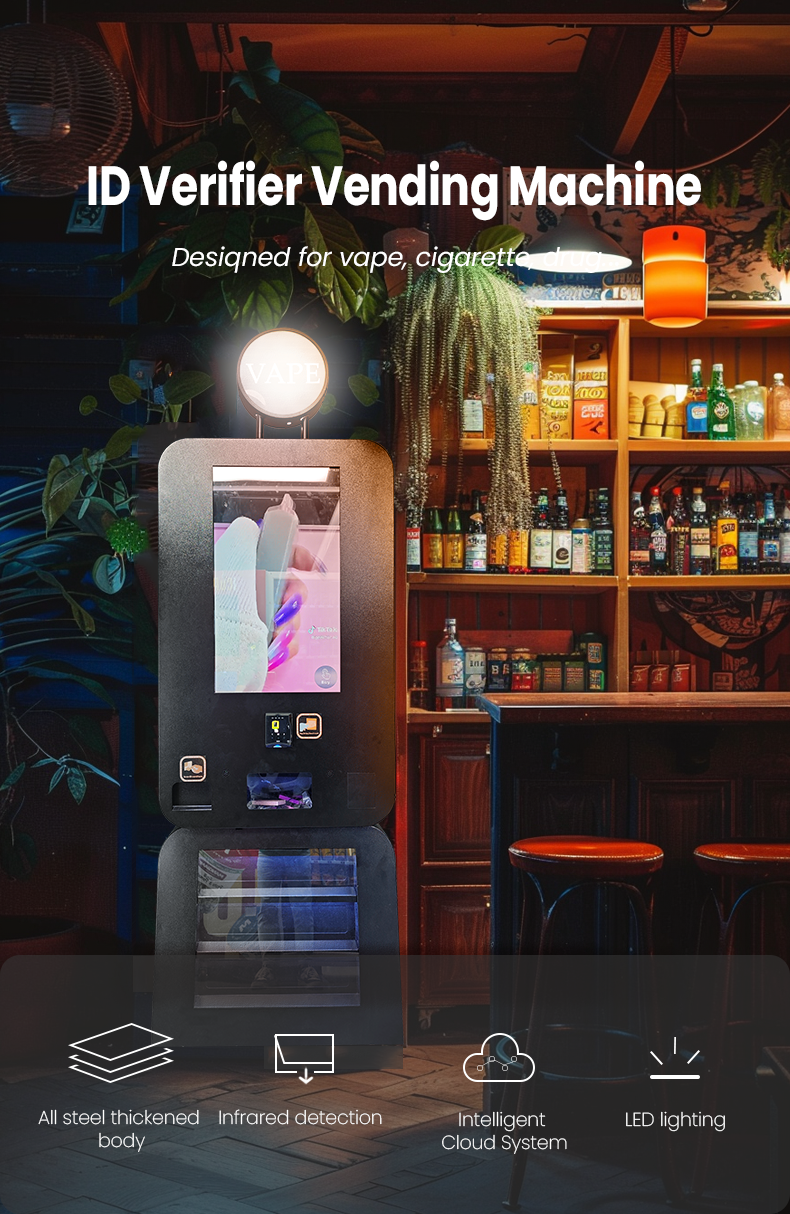 A vape and snacks have a Display stand vending machine in the bar