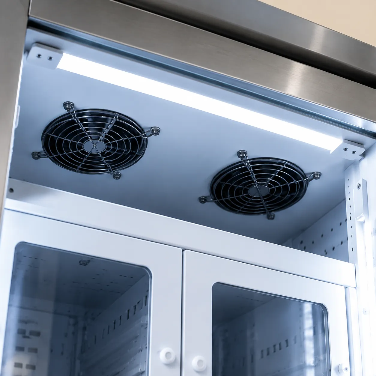 Ventiladores de refrigeración internos encima de los armarios refrigerados en una máquina expendedora de alimentos agrícolas WEIMI