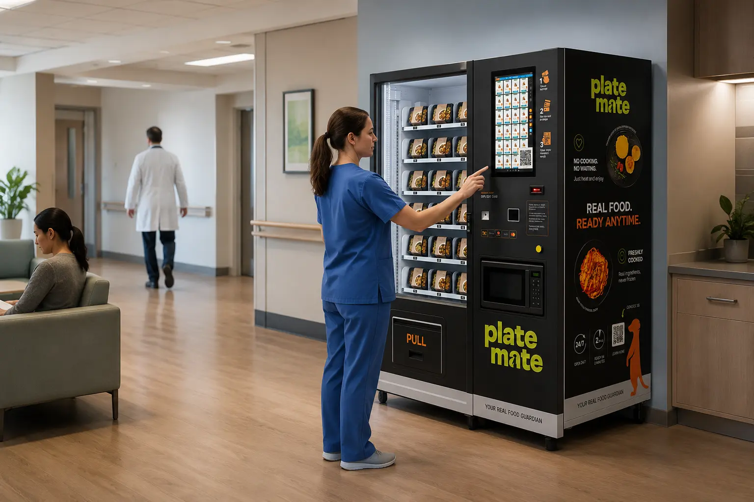 Hot food vending machine in a hospital staff lounge