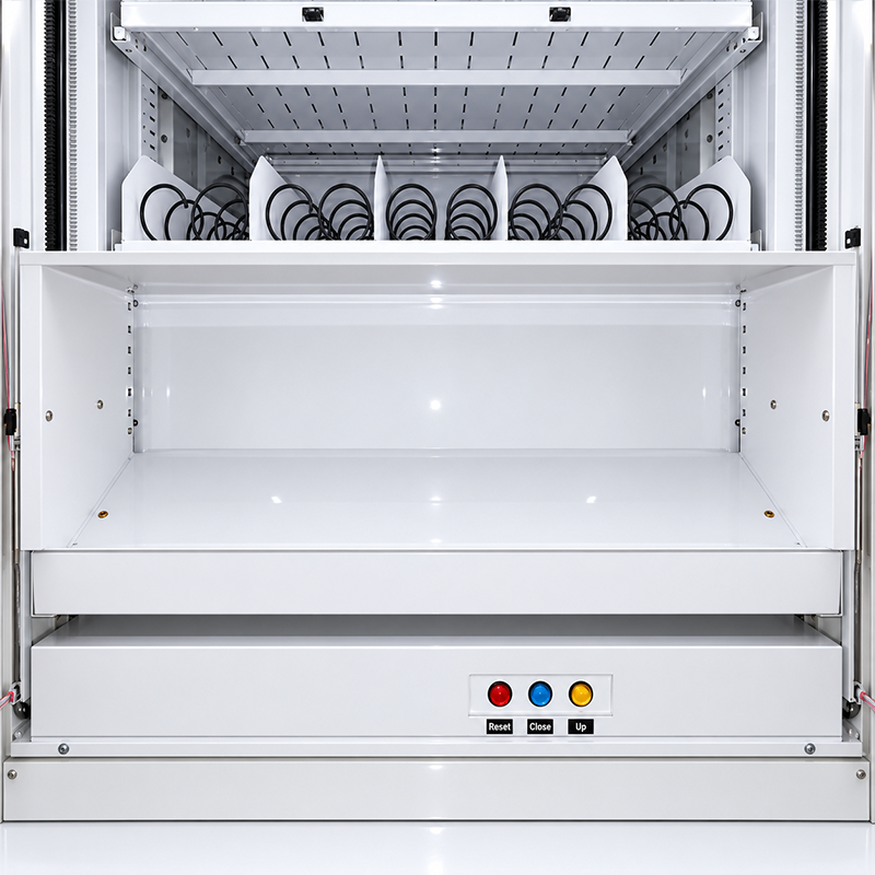 Empty WM-22 vending cabinet interior with spiral product lanes and elevator delivery platform