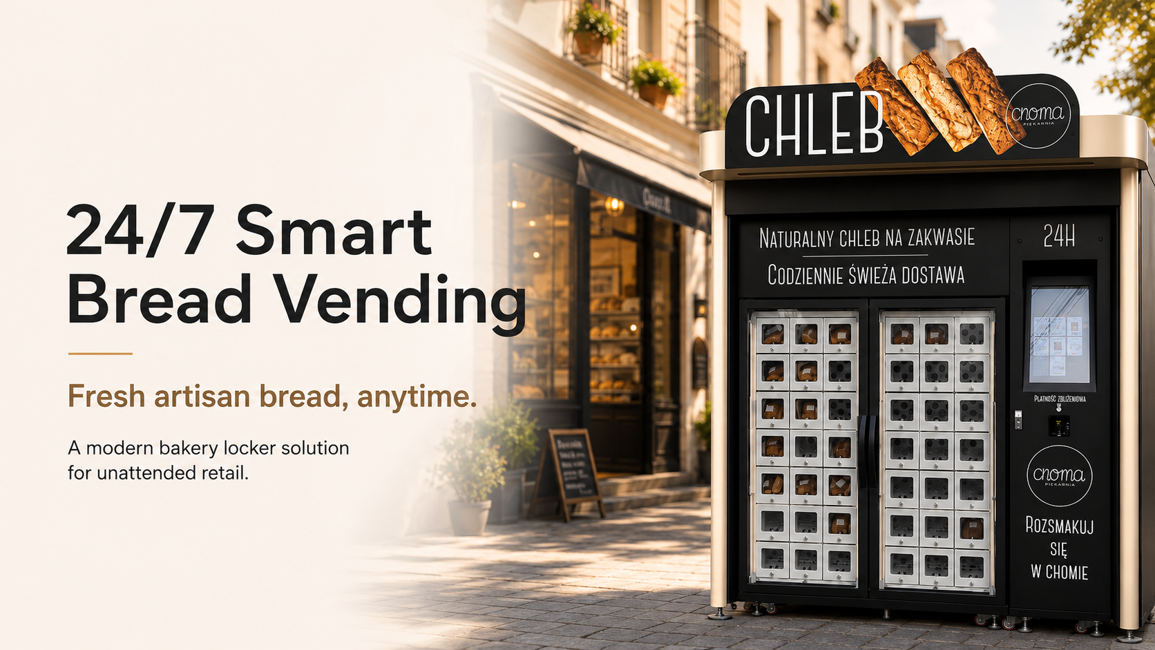 24/7 smart bread vending machine in front of a bakery, featuring a modern locker-style design for fresh artisan bread retail