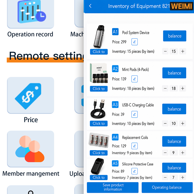 Vape vending machine backend inventory system displaying vape devices, pods, coils, cables, and accessory stock management