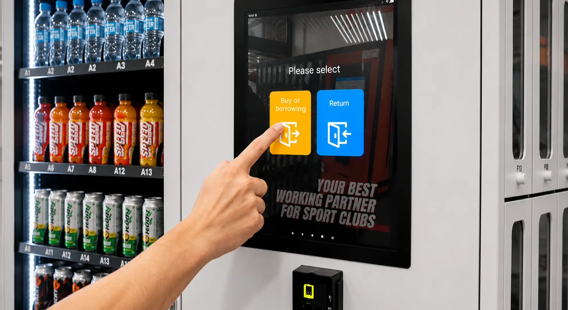 Customer selecting the tennis racket rental option on the machine touchscreen