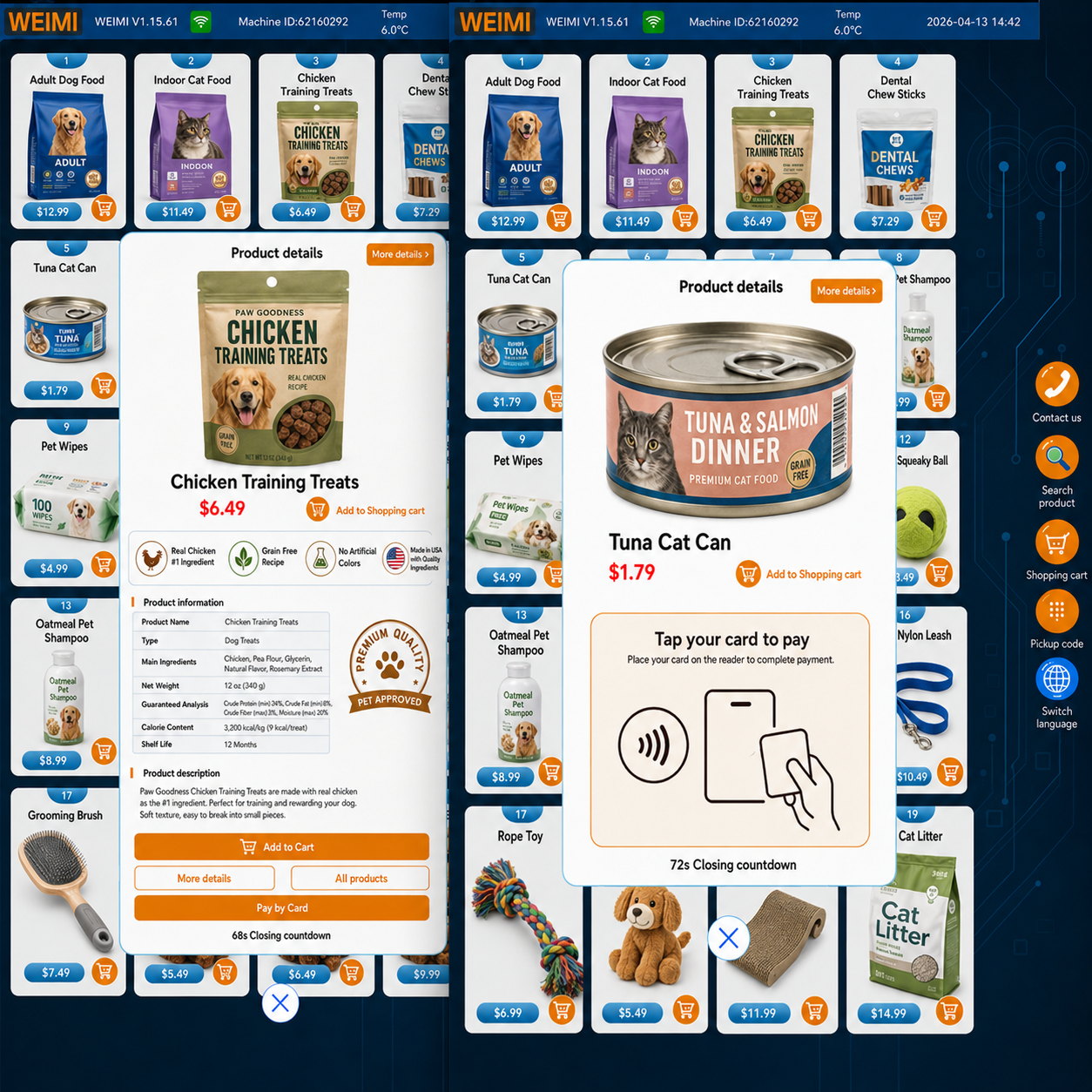 Smart pet supplies vending machine UI with dog food, cat food, treats, toys, product details and cashless card payment