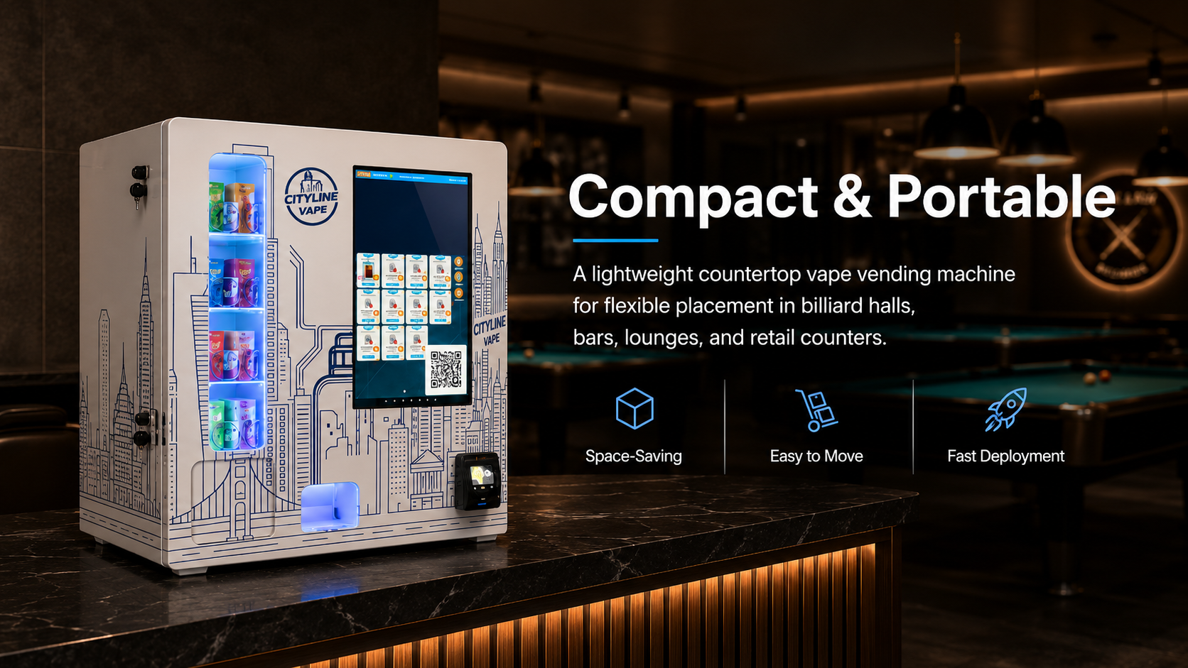 Compact countertop smart vape vending machine on a billiard hall front desk with touchscreen, spiral product display, and cashless payment