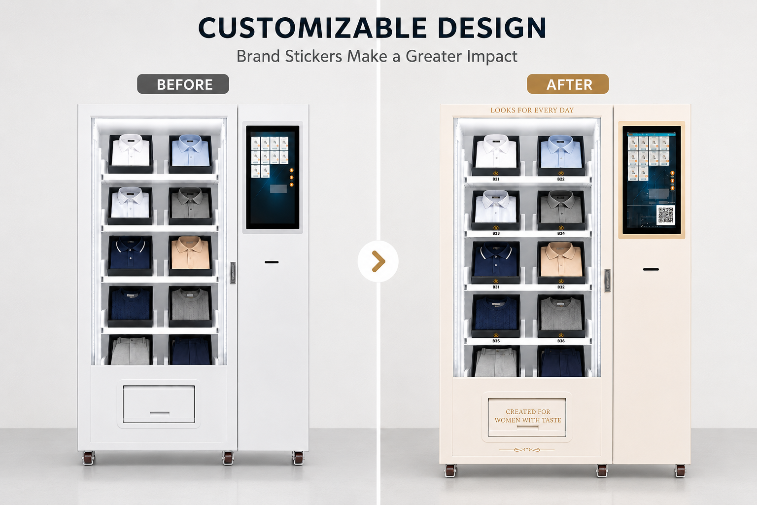 Before and after comparison of a clothing vending machine, showing a plain white metal cabinet and a customized branded sticker design for apparel retail display.