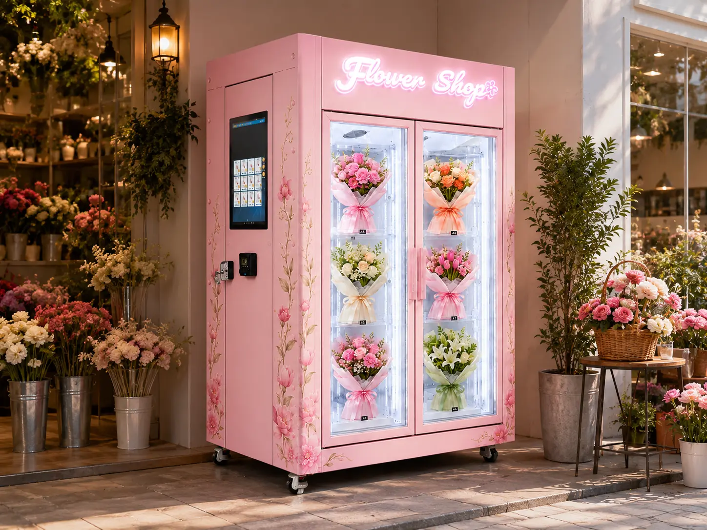 WEIMI pink flower vending machine placed at a flower shop entrance, featuring a side touchscreen, payment module, refrigerated display doors, fresh bouquets, and floral exterior decoration.