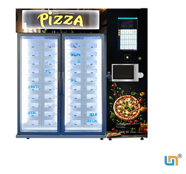 Front view of the pizza locker cabinet and side microwave shelf