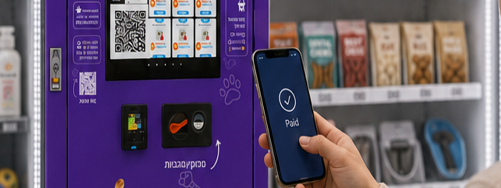 Close-up of pet vending machine touchscreen and cashless payment area with a customer completing mobile payment by phone.