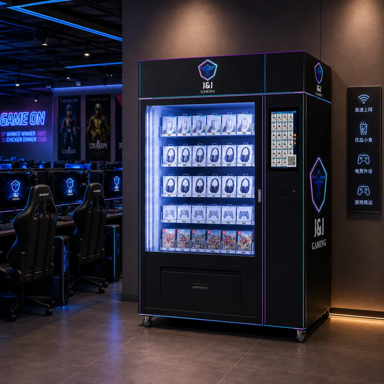 WEIMI custom vending machine designed for J&J Gaming, placed against the wall in a game arcade with neon signs, arcade machines, and gaming product displays.