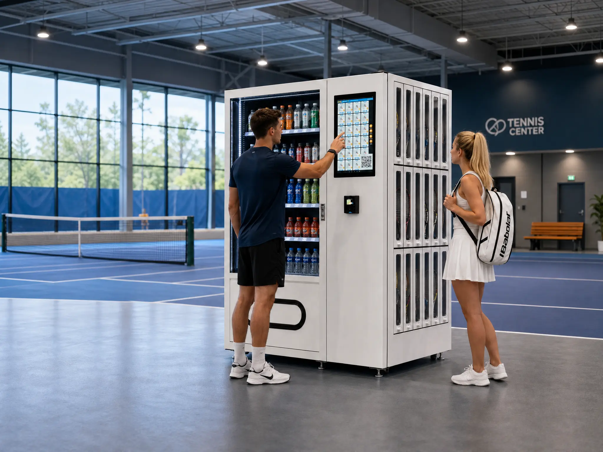 Tennis players using the touchscreen of a 2-in-1 vending and racket rental machine at an indoor sports venue