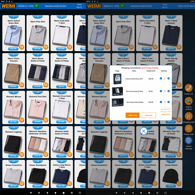 Apparel vending machine touchscreen interface showing boxed clothing products in a 4x5 grid, with a shopping cart popup displaying selected items including an Oxford dress shirt, crew socks, and boxer briefs, along with prices, quantities, discount, total amount, and payment buttons.