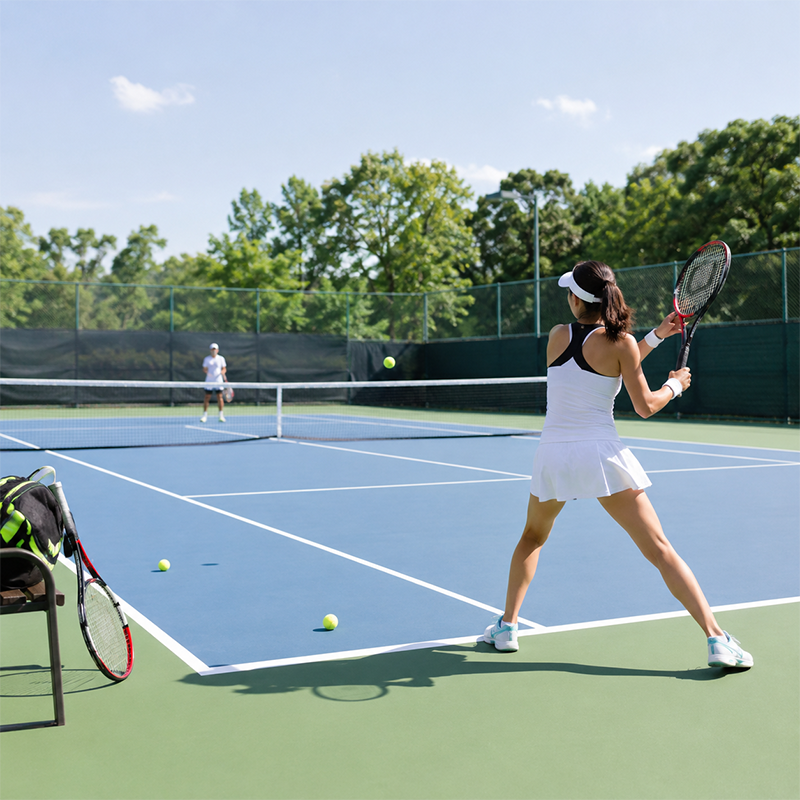 Outdoor tennis court with players practicing under bright natural daylight