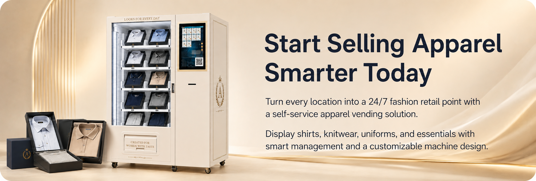 Call-to-action section for a smart apparel vending machine, encouraging customers to start a 24/7 self-service fashion retail business with lower operating costs, wider sales coverage, and customizable branding.