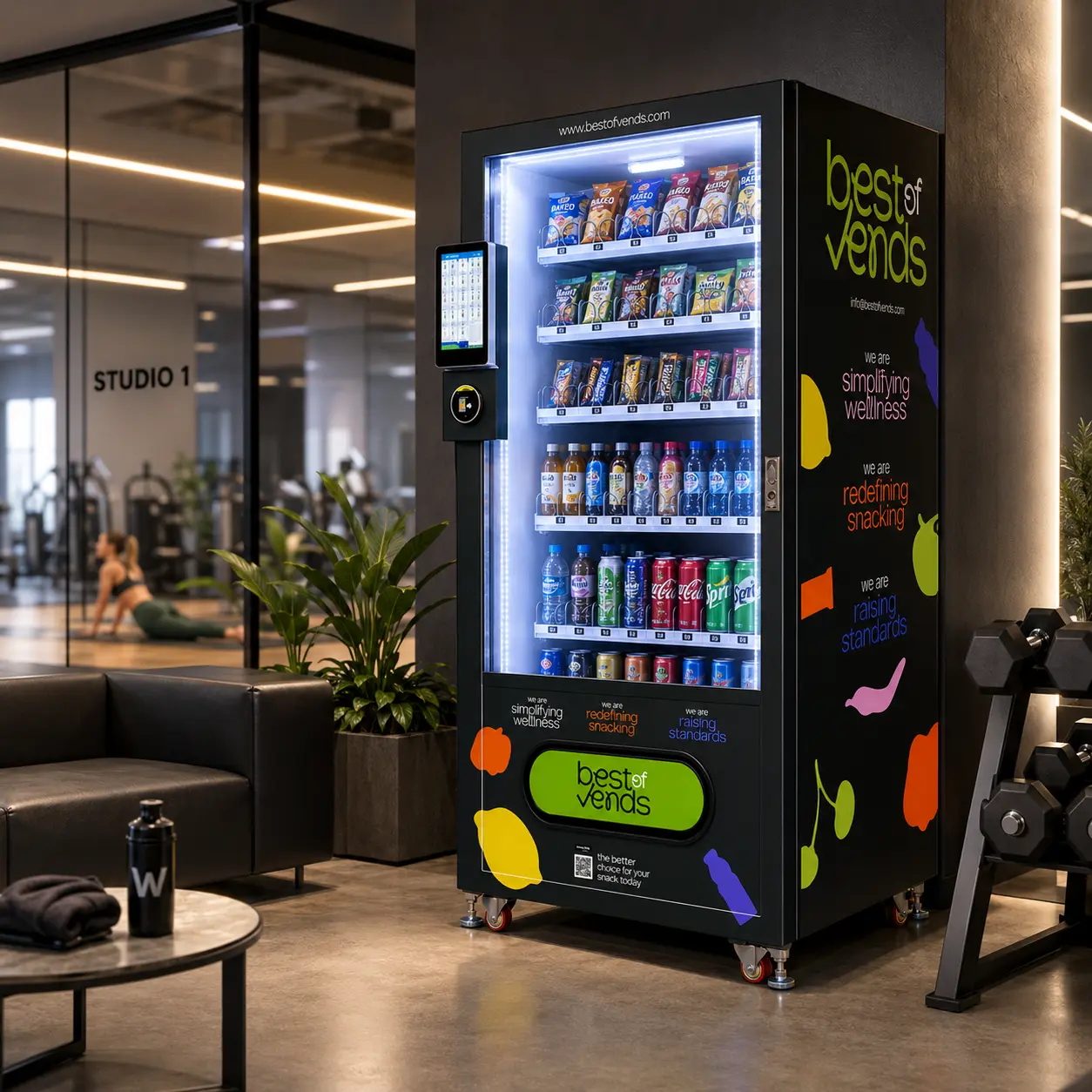 A sleek, modern WEIMI vending machine with a fully stocked interior of snacks and beverages, displayed in a bright and upscale lobby environment, showcasing a clean, organized layout and premium self-service retail design.