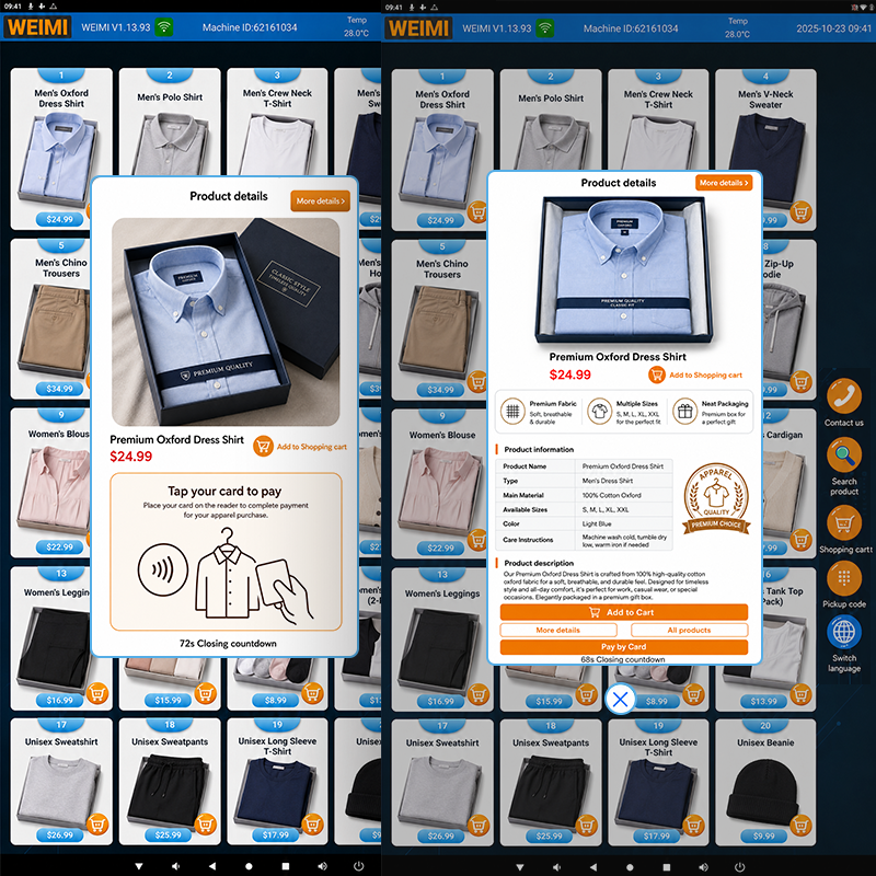 Apparel vending machine touchscreen interface showing a 4x5 product grid of boxed clothing items, with a product details popup for a Premium Oxford Dress Shirt, including price, product information, fabric features, size options, and payment buttons.