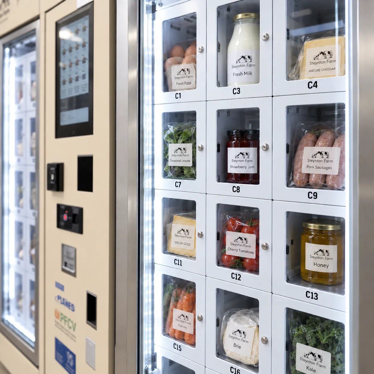 Casilleros de máquinas expendedoras WEIMI abastecidos con leche, huevos, queso, verduras y otros productos agrícolas