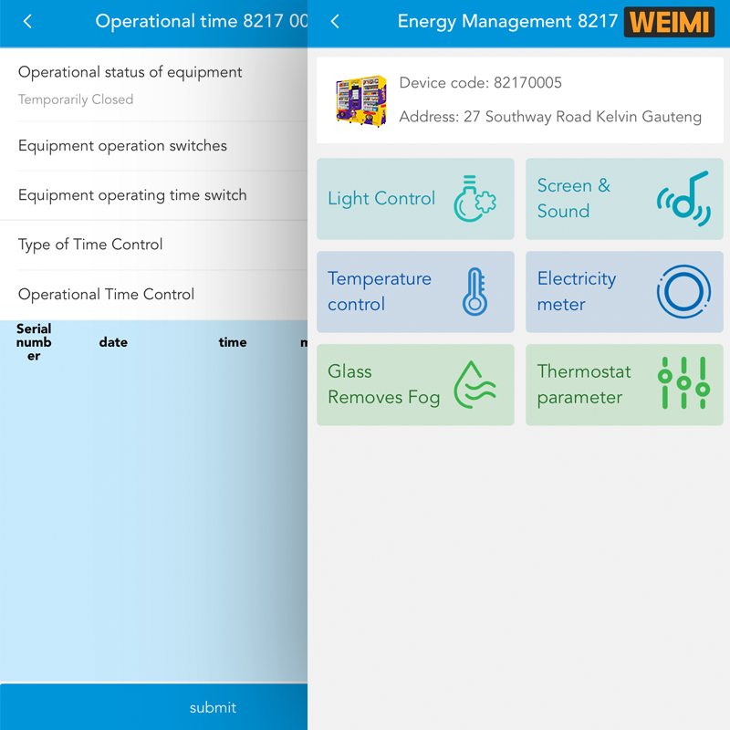 Remote energy management system for smart pet vending machine with temperature control, thermostat parameters, anti-fog glass and electricity monitoring