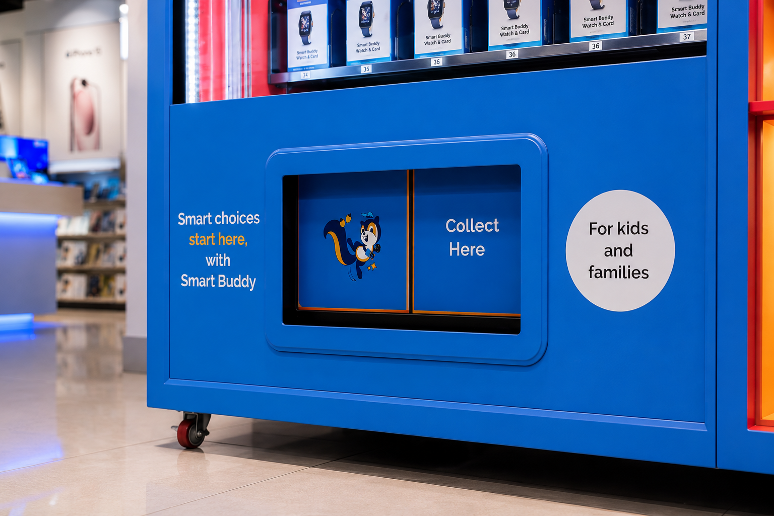 Motorized double-opening pickup door on a children's smart watch vending machine