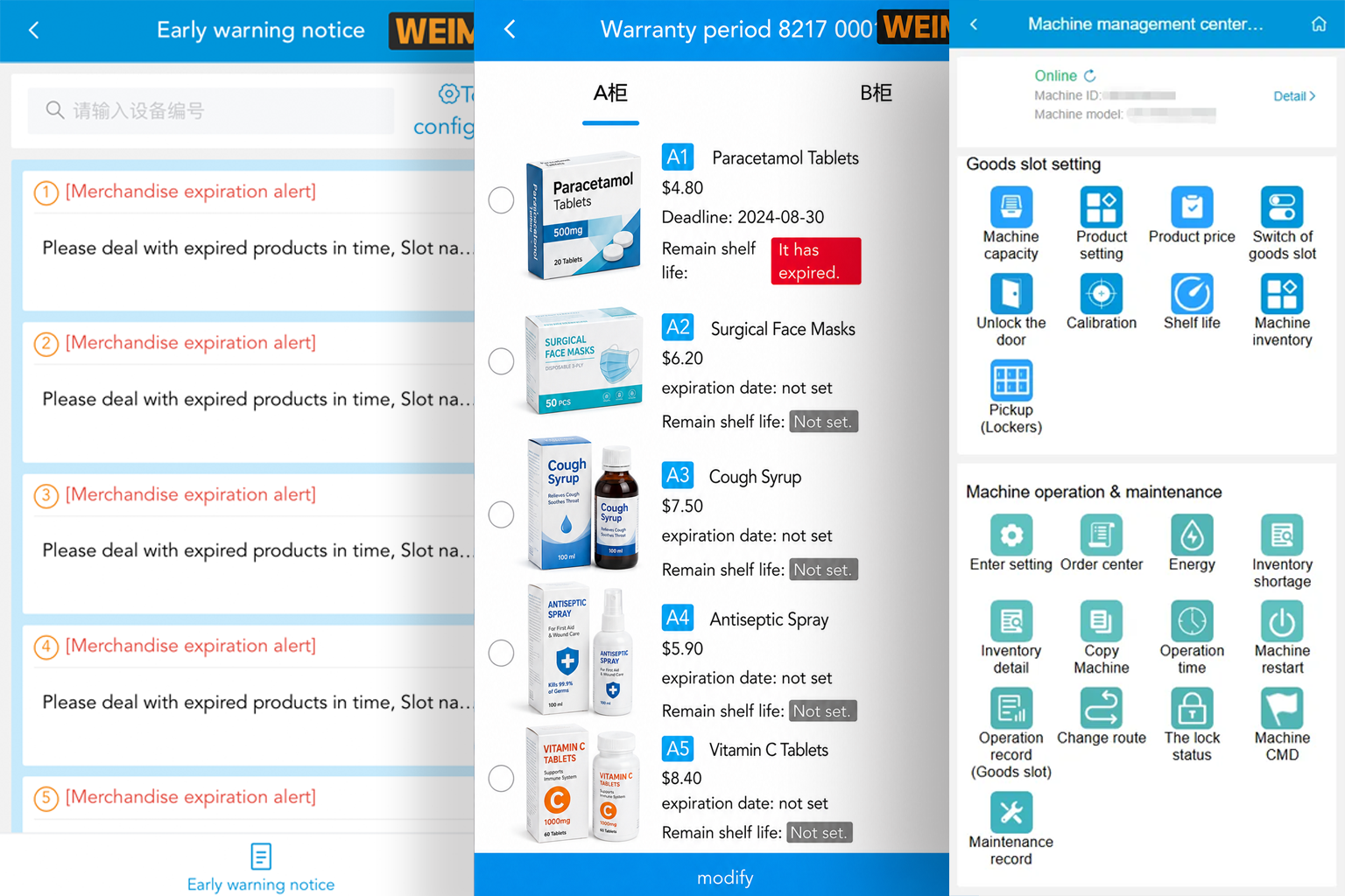 Interfaz del sistema de gestión de máquinas expendedoras de farmacias inteligentes WEIMI que muestra alertas de caducidad de productos, seguimiento de la vida útil de los medicamentos, gestión de inventario y configuración de funcionamiento de la máquina.