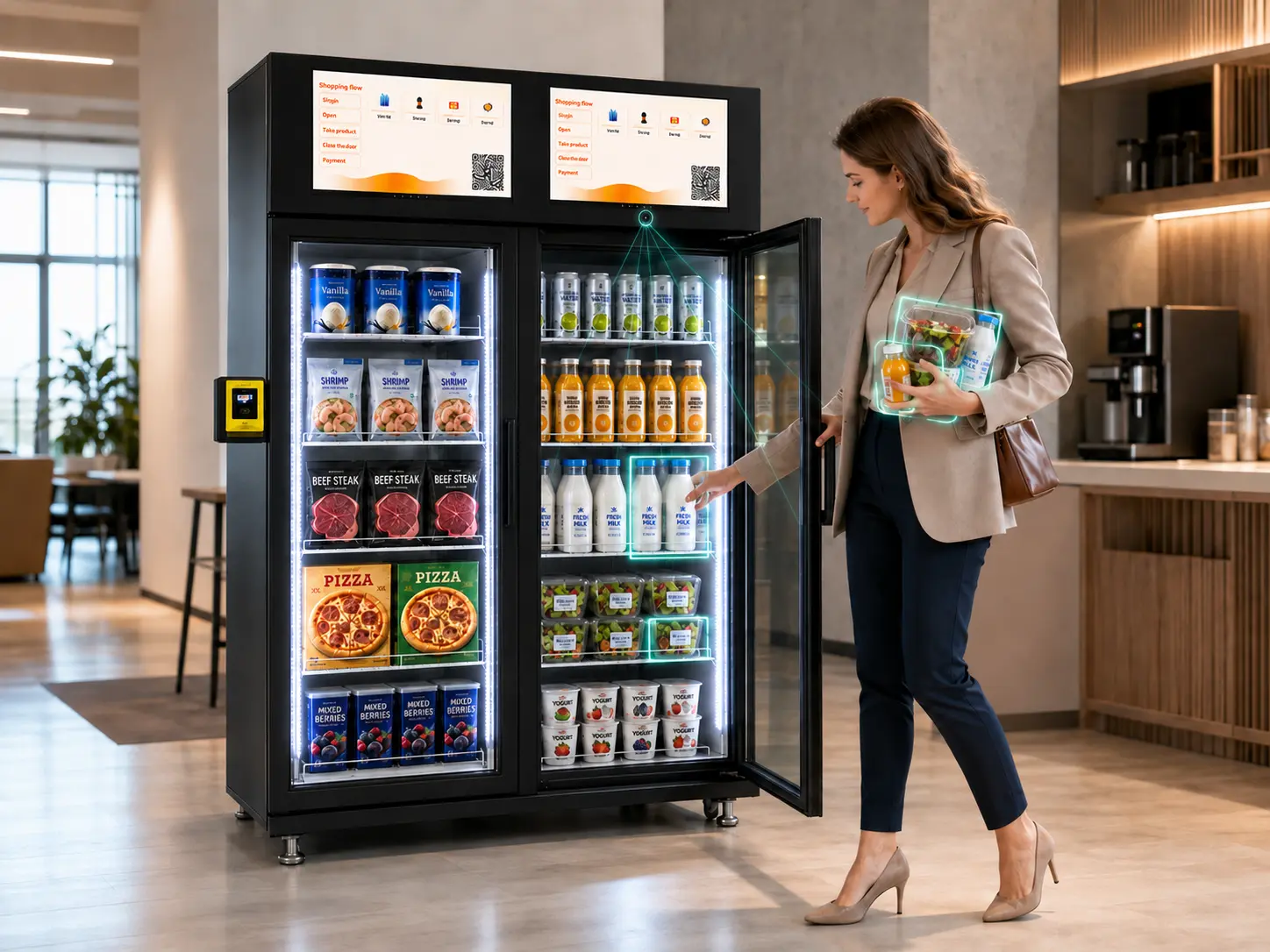 Customer selecting multiple products from an AI vision grab-and-go refrigerated vending machine with automatic item recognition.