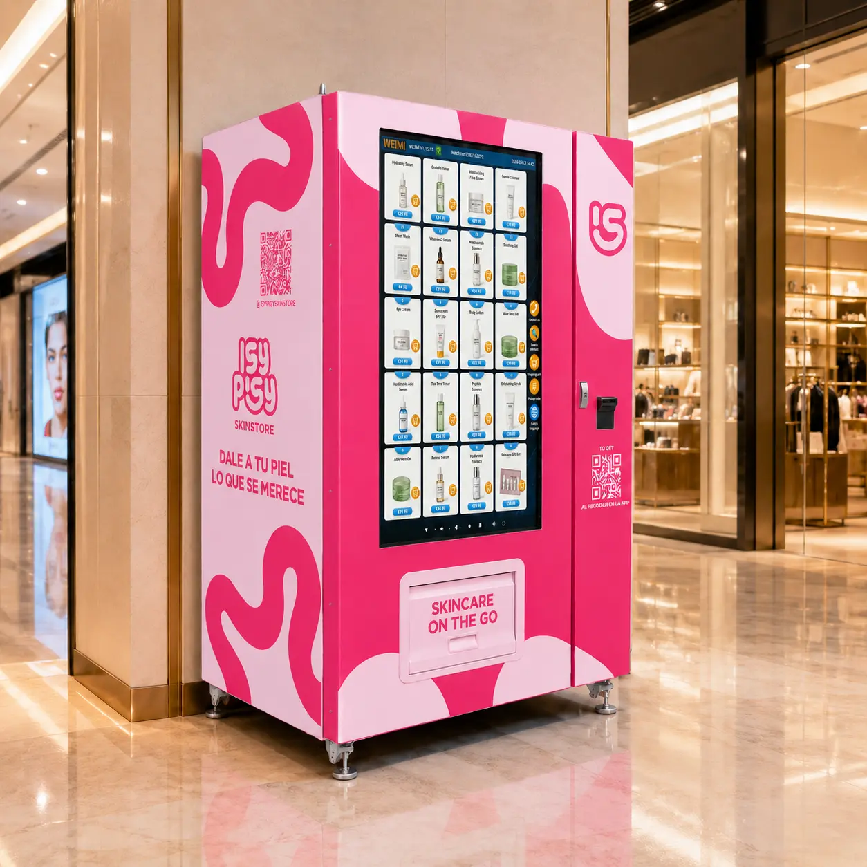 Alt text: Pink skincare vending machine placed beside a wall in an upscale shopping mall, showing the large front touchscreen, QR codes, payment module, side branding, and lower pickup box labeled