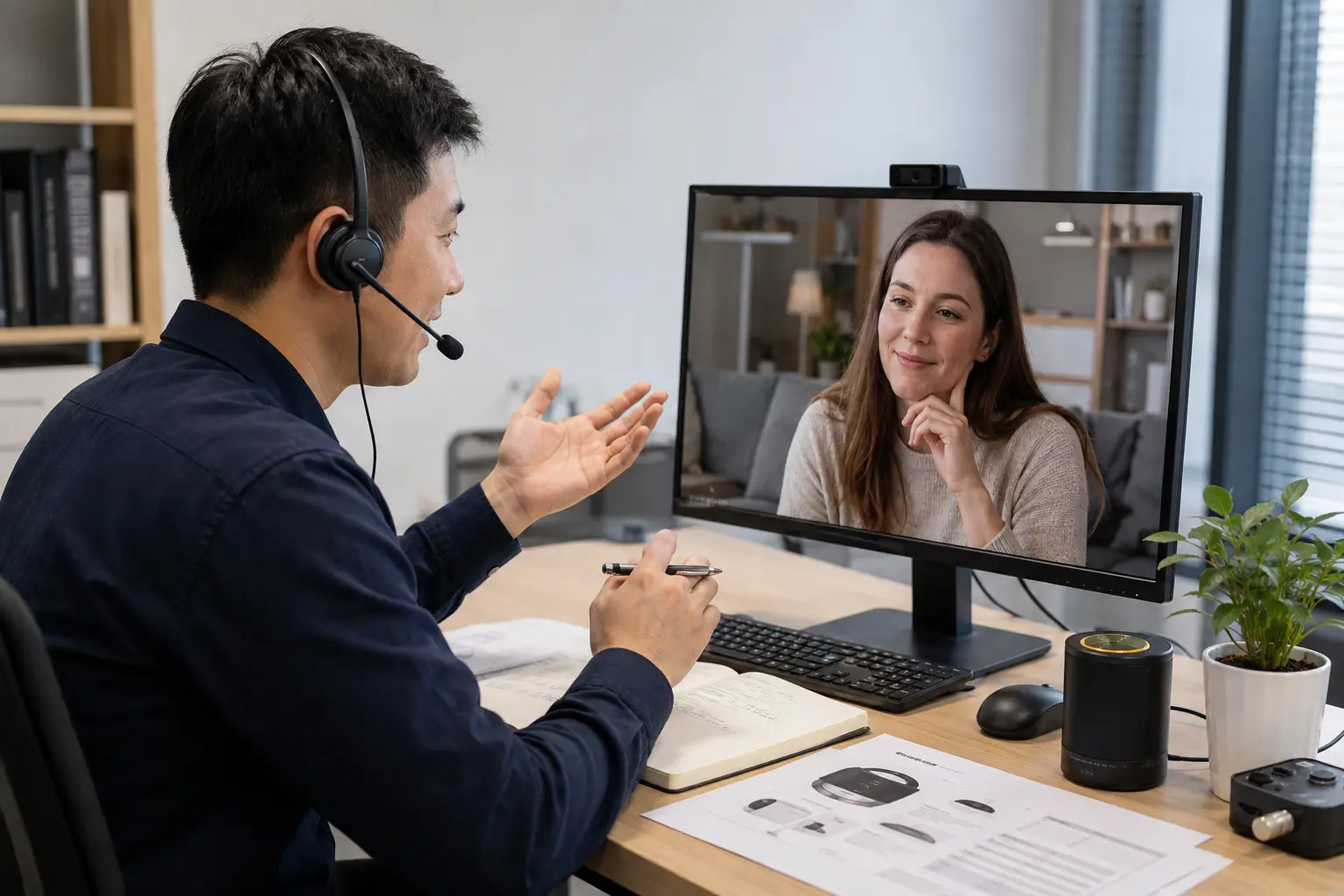 Agente de soporte técnico chino que ofrece servicio posventa remoto personalizado a una clienta estadounidense a través de videollamada en una oficina moderna.