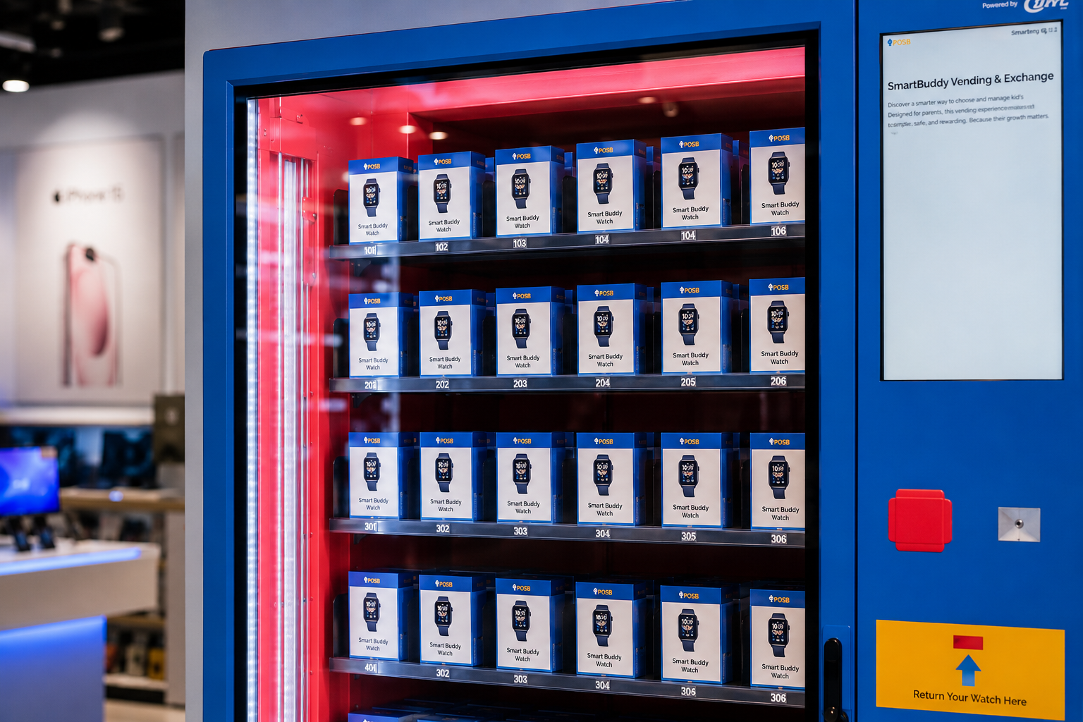 Organized product vending channels inside a blue electronic watch vending machine