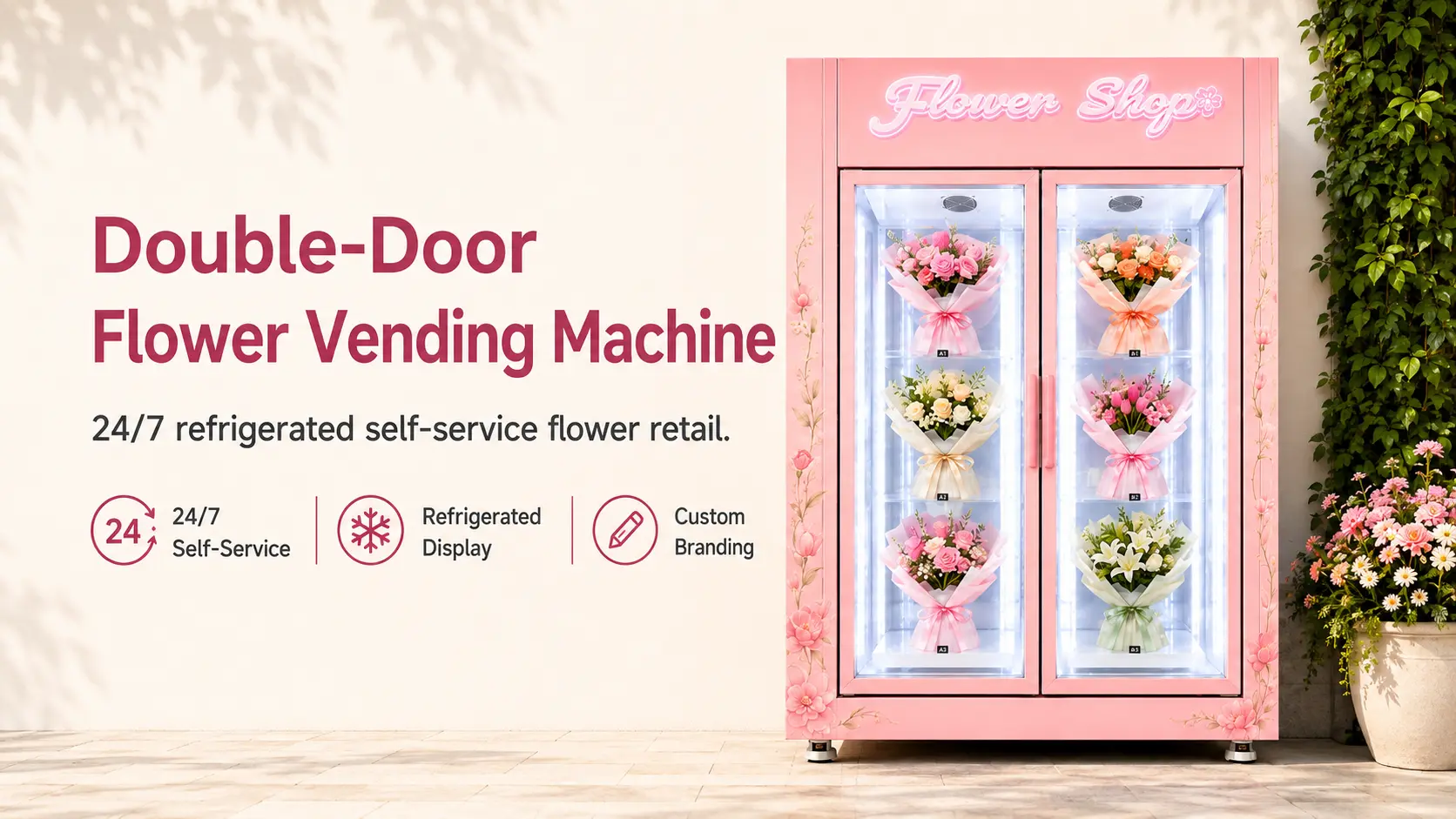 Double-door pink flower vending machine placed in an outdoor flower shop setting, featuring refrigerated glass display doors, fresh bouquets, and promotional text for 24/7 self-service flower retail.