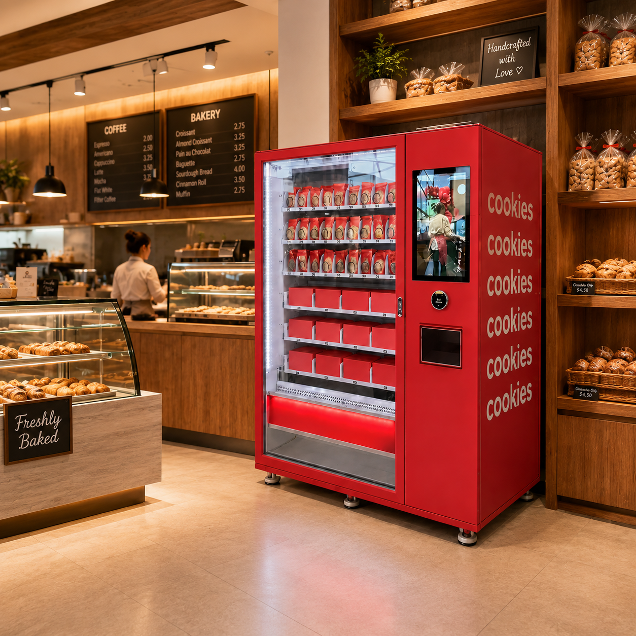 A bright red cookie vending machine stands inside a warm, modern bakery, surrounded by pastry displays, wooden shelves, and menu boards, with a staff member working behind the counter.