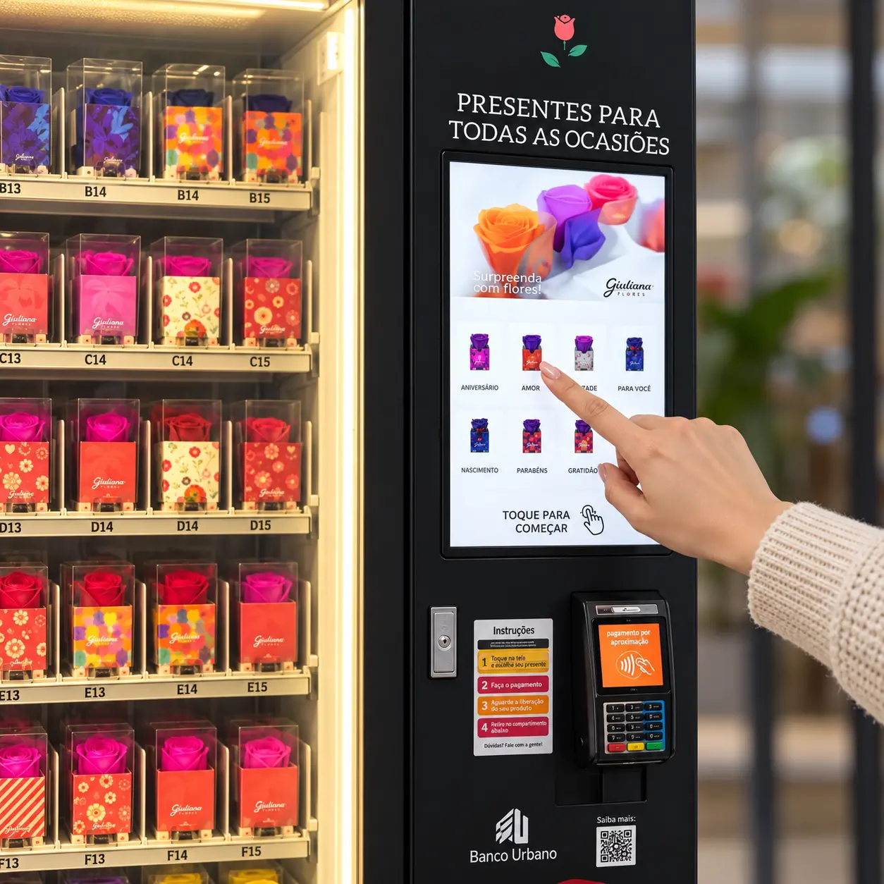 Customer selecting a preserved flower gift on the WM-22 touchscreen