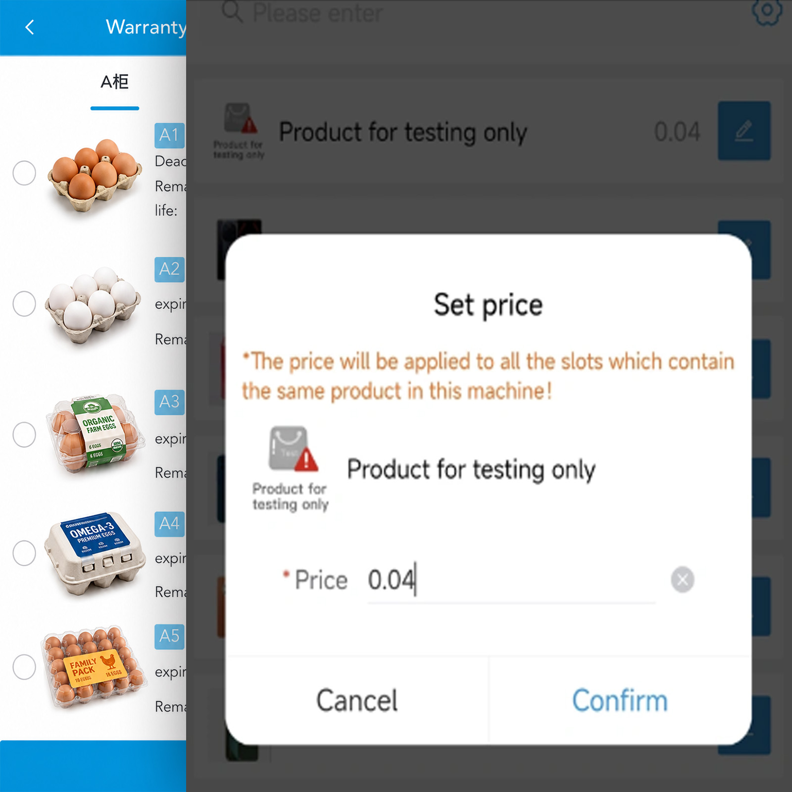 Mobile app interface for the WEIMI Egg Vending Machine showing a price-setting dialog for egg products, with a pop-up window to enter and confirm prices, overlaying the egg inventory list in the background.