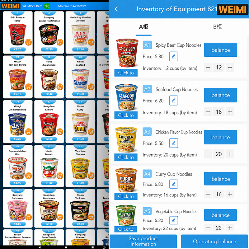 Vending machine inventory management system for monitoring cup noodle products and stock levels.