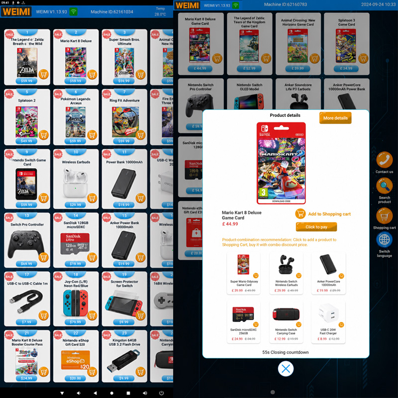 WEIMI vending machine interface showing Nintendo Switch game cards, electronics product listings, and a smart product recommendation popup with combo discount options.