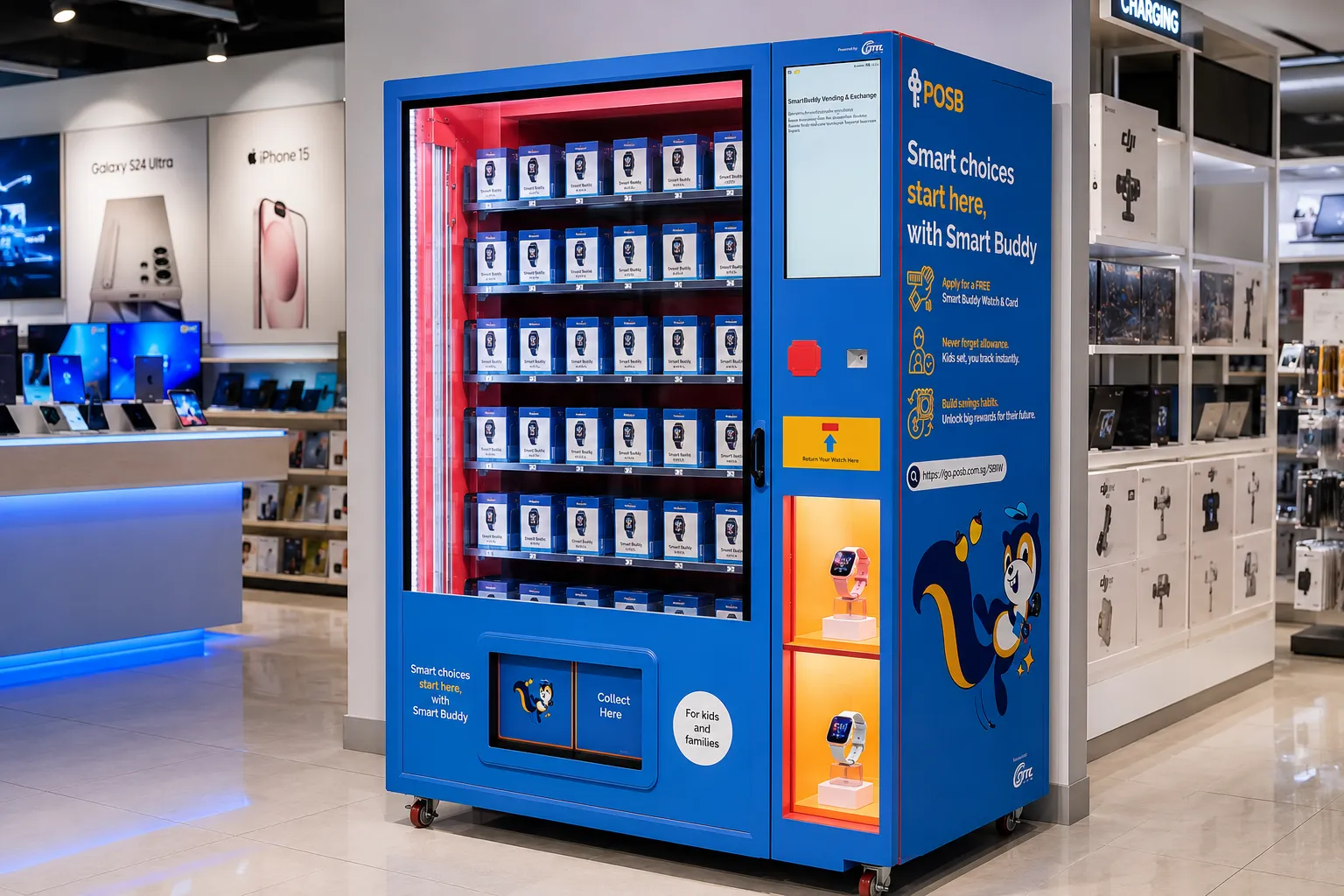 Front view of the kids' smart watch vending machine with touchscreen, vending channels and double-layer product display cabinet