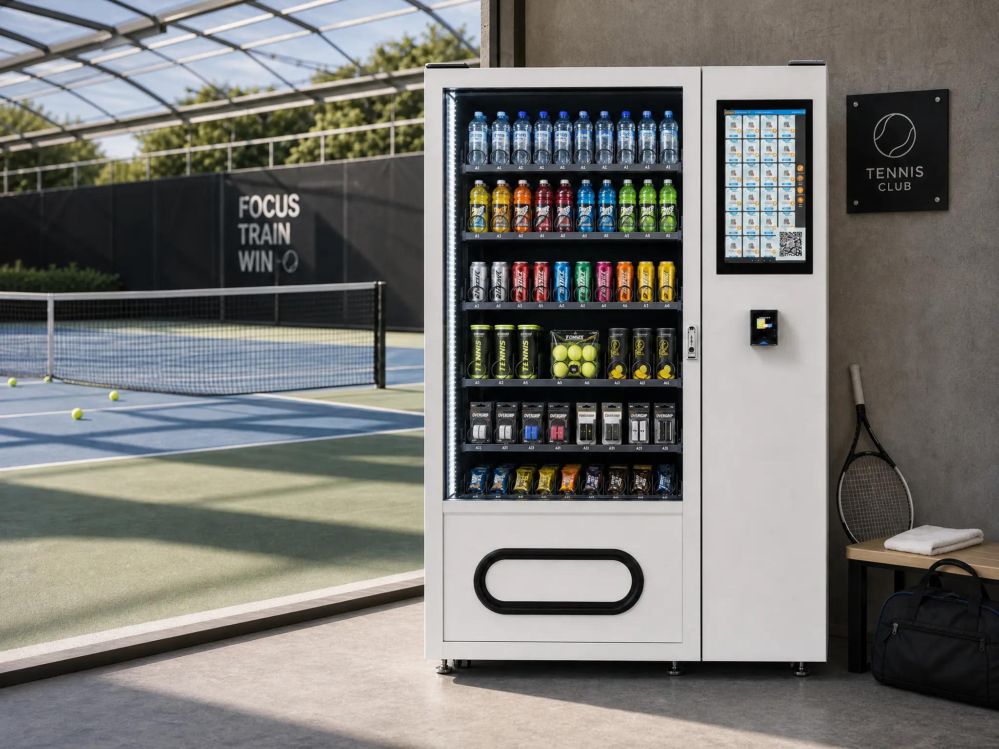 Front vending section stocked with drinks beside an outdoor tennis court