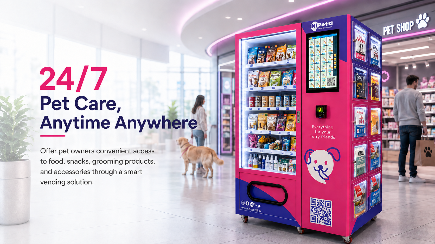 24/7 smart pet supplies vending machine outside pet shop for pet food, treats, grooming products, and accessories