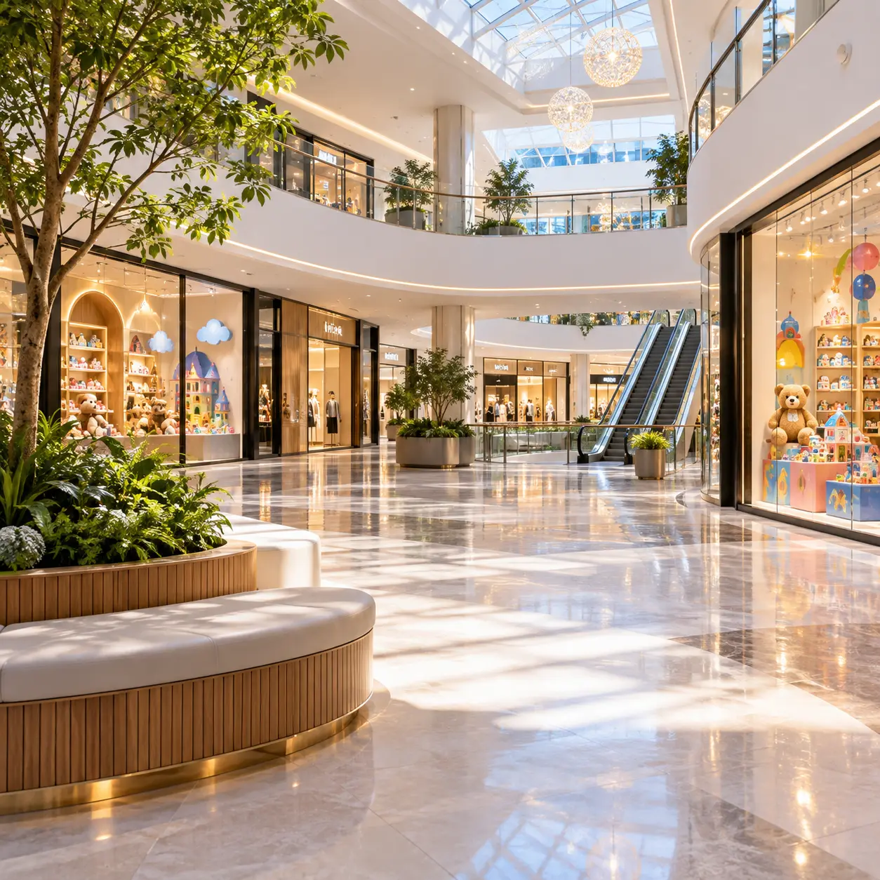 Atrio soleggiato del centro commerciale con vetrine e scale mobili, un luogo consigliato per la vendita di giocattoli WEIMI