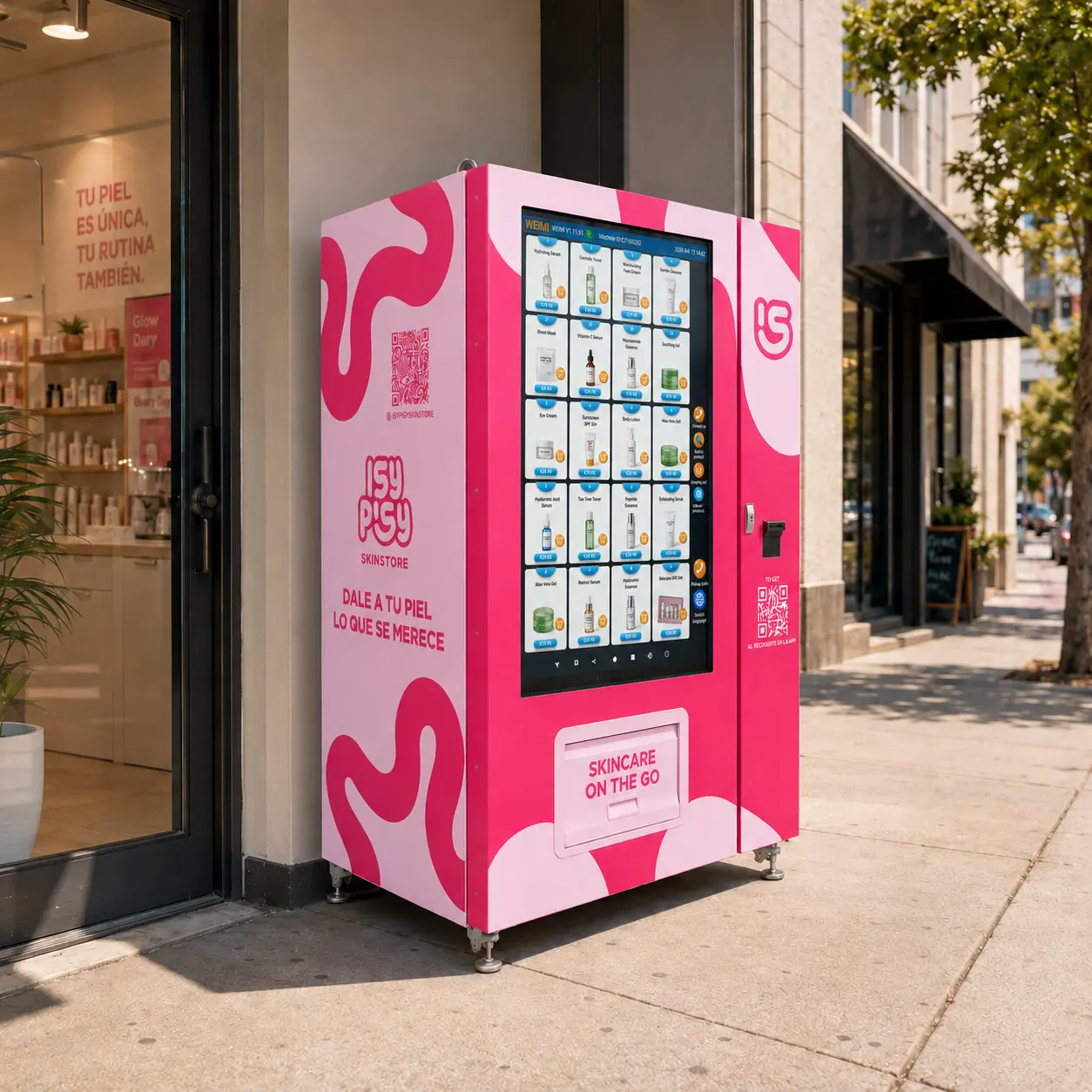 Pink skincare vending machine positioned outside a street-level retail shop, shown in a front-right three-quarter view, with visible storefront, doorway, pavement, and natural daylight, maintaining the touchscreen, QR codes, side branding, and lower pickup box labeled