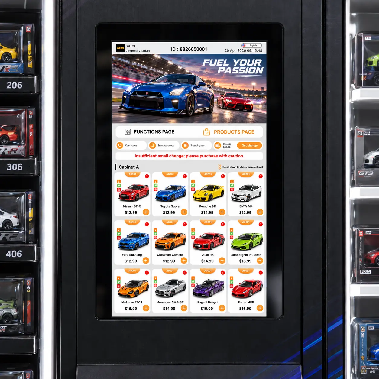 WEIMI WM900-Touchscreen mit Anzeige eines Modellautokatalogs mit Produktbildern und Preisen zur Selbstbedienungsauswahl