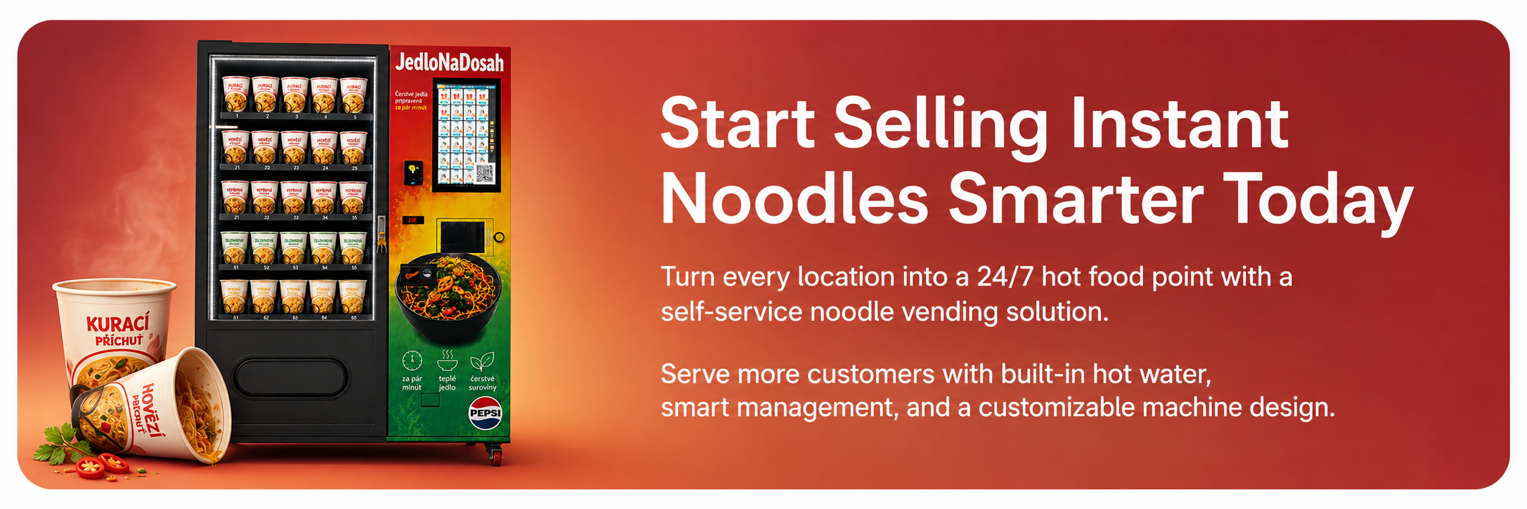 Instant noodle vending machine promotional banner showcasing a self-service noodle retail solution.