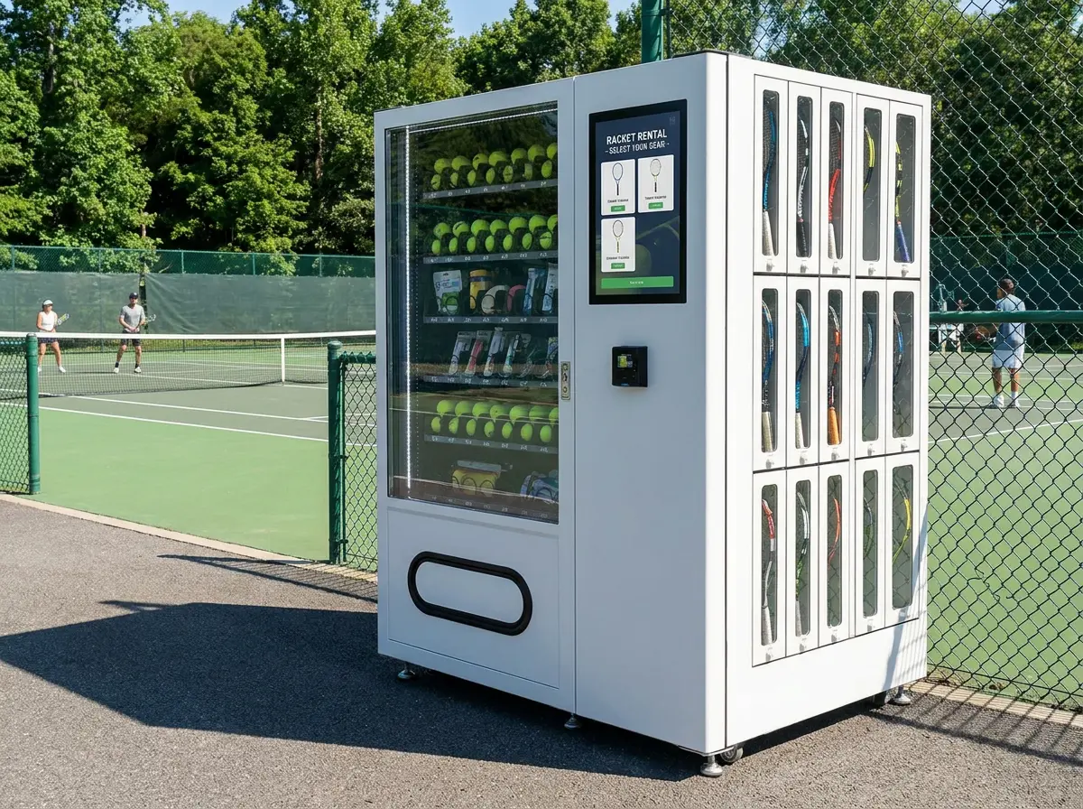 Outdoor-ready 2-in-1 tennis vending machine installed beside a fenced tennis court